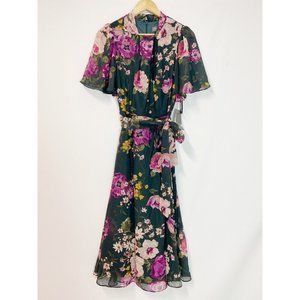 DONNA RICCO Floral Flutter Sleeve Tie Waist Midi Twist Neck Midi Dress Green 8